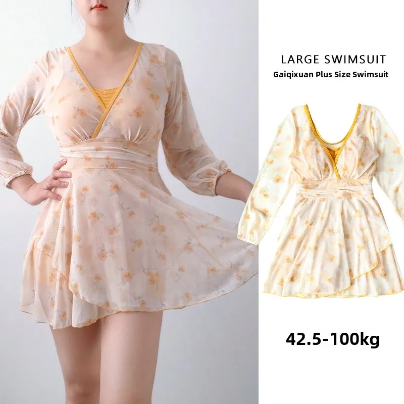 2025 New plus Size Women's Swimsuit Long Sve Thermal Dr Sle Slimming Floral Print Casual Beachwear