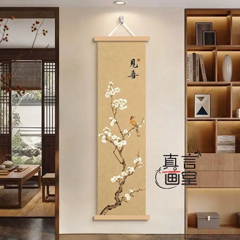 ✨Wabi Sabi Lotus Wall Art Vertical Hanging Painting Feng Shui Bird Plum Blossom for Entryway Hallway Aesthetic Room Decor