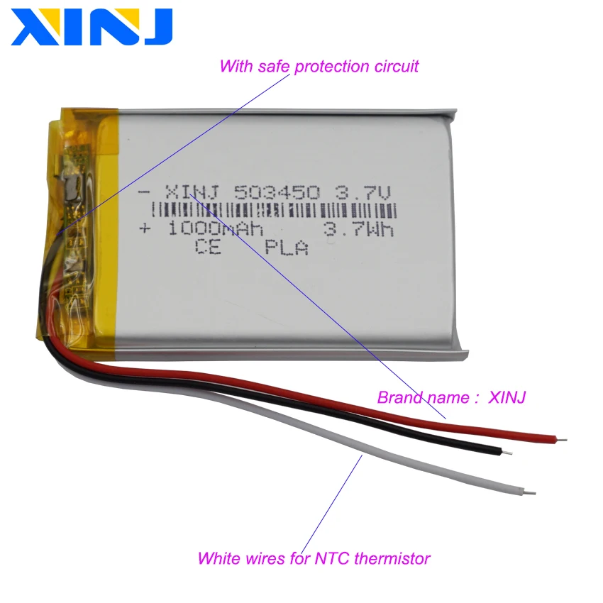 3.7V 1000mAh 3.7Wh Termistor 3-przewodowy akumulator litowo-polimerowy Li 503450   Głośnik Bluetooth do odtwarzacza muzycznego