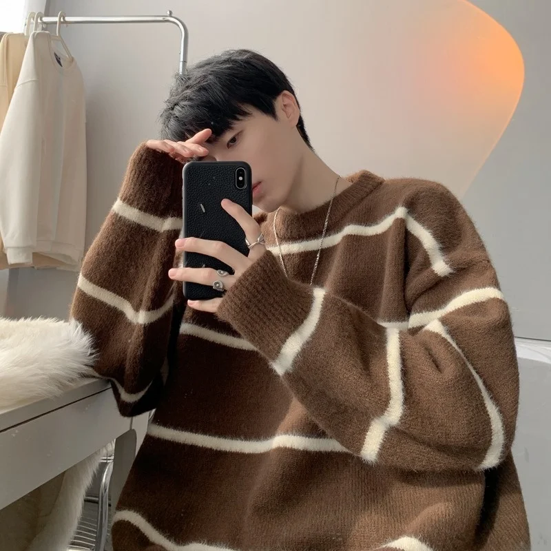 

Осенне-зимний свитер большого размера (до 250 фунтов), мягкий, вязаный, в корейском стиле, высококачественный, в полоску, верхняя одежда, американский ленивый стиль