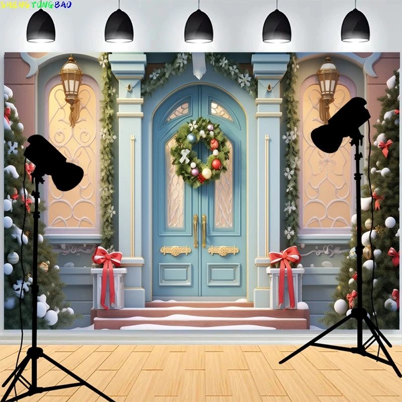 

Front Door Christmas Day Decoration Photography Backdrops Happy New Year Fireplace Xmas Day Family Party Photo Background XH-52