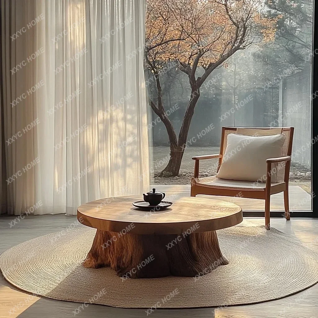 

Wabi Sandy Wind Solid Wood Small Round Coffee Table Homestay Medium and Ancient Log Tea Table Retro Old Wooden Pier