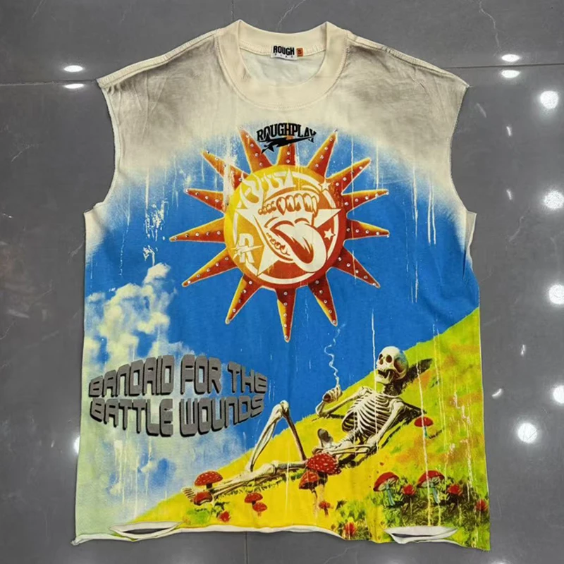 American Retro Washed Skeleton Print Rough Play T-shirt New Trend Glitter High-quality Tops