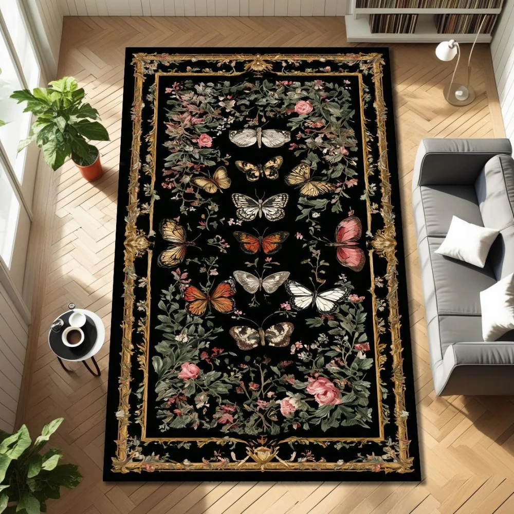 Vintage Floral Butterfly Art print large Rug living room coffee table area bay window reading spot Washable Rug Present