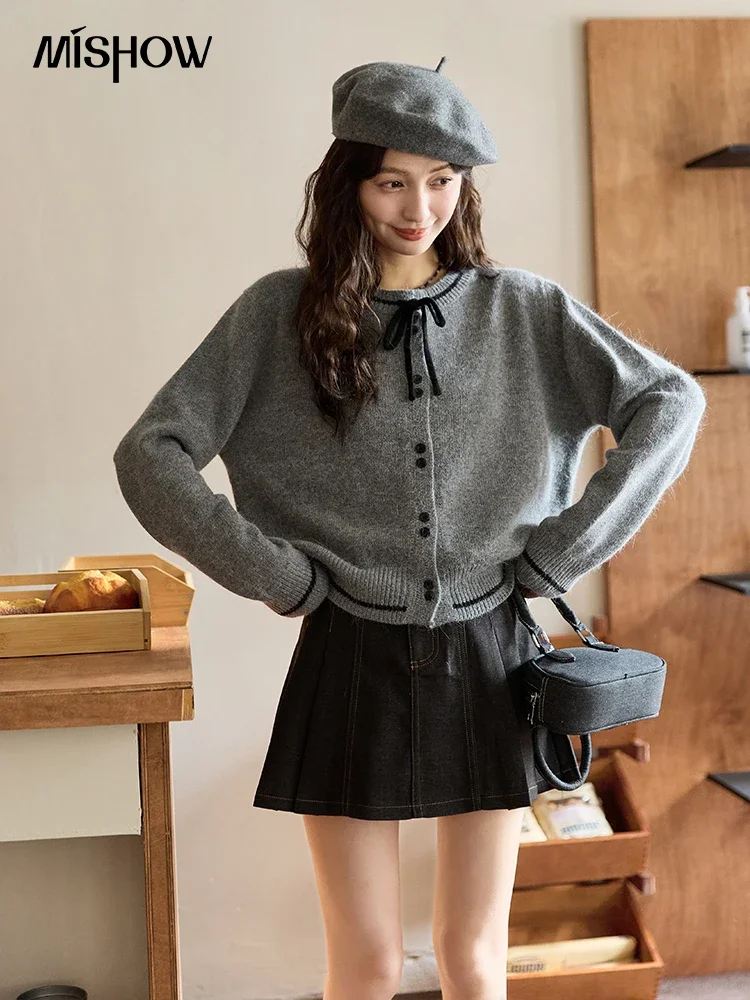 MISHOW Grey Sweater Cardigan Women Vintage Casual O-Neck Single Breasted Sweater Plaid Tweed Design Tied Knit Sweater MXD46Z0863