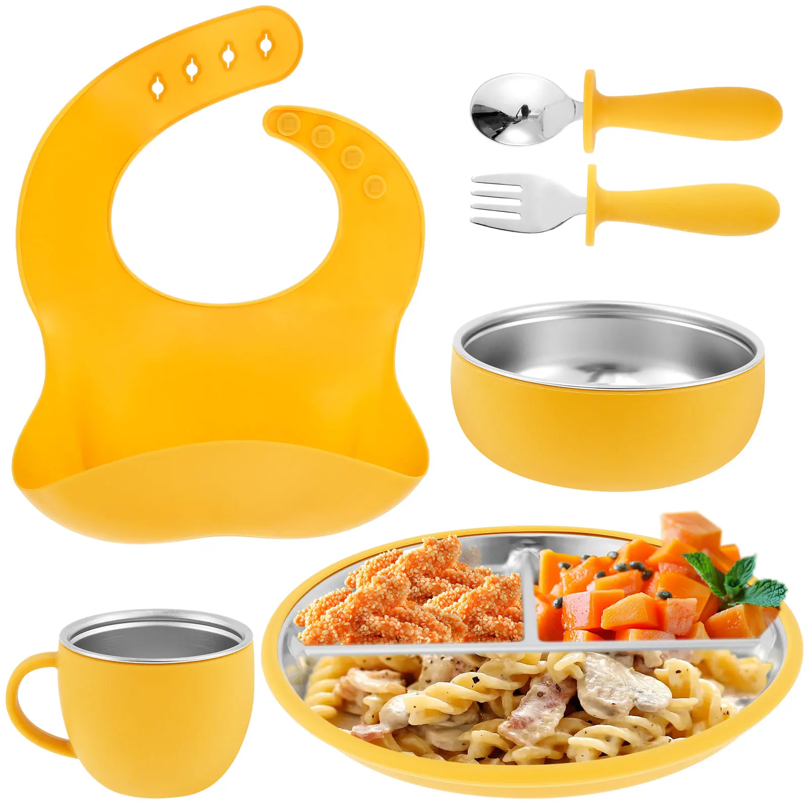 

6 шт. детские тарелки и миски из нержавеющей стали, набор для малышей, 3 отделения, присоски со съемным силиконовым корпусом, самостоятельное кормление