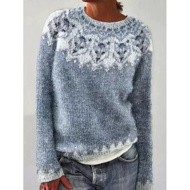 New sweater with feminine temperament, casual round neck, color blocked, loose and fashionable pullover, knitted sweater