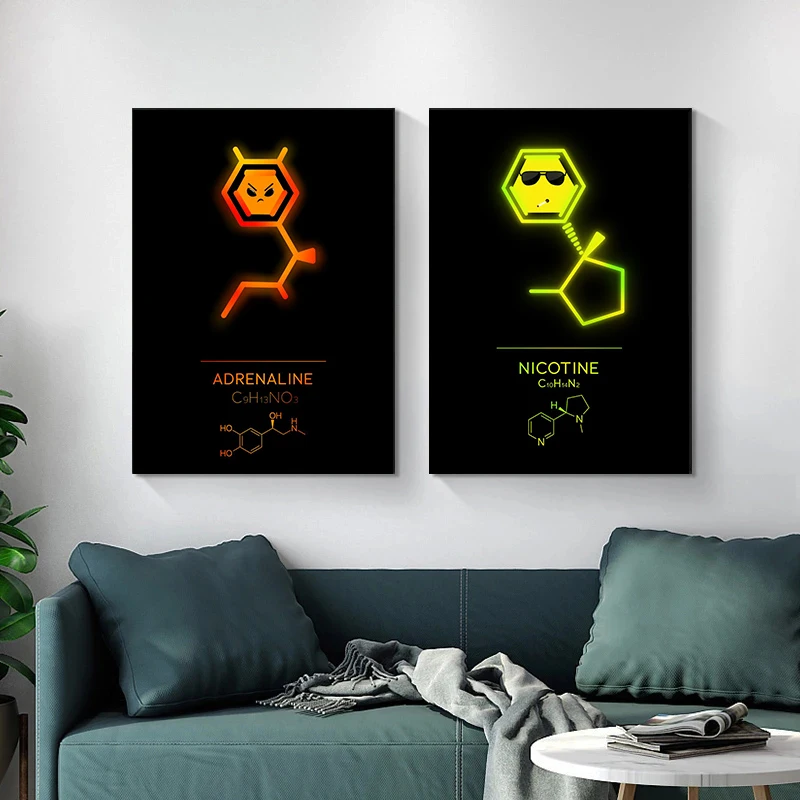 ملصق جزيئات نيون ظريفة ولطيفة ، كيمياء فيزيائية ، تركيبة جزيئية ، طباعة قماش ، ديكور جداري ، ديكور غرفة منزل #3