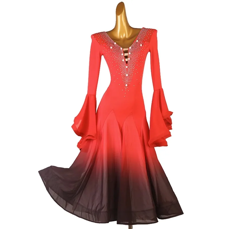 여성용 표준 볼룸 맞춤형 사이즈 의류 연습복 롱 스커트 프로미션 그라데이션 컬러 전문 모던 댄스 드레스