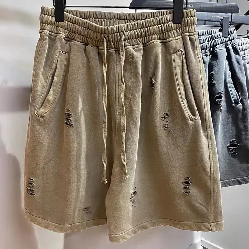 2026 Men's Heavy Wash Vintage Loose Shorts, European & American High Street Style, Retro Cut Fashion Brand Shorts