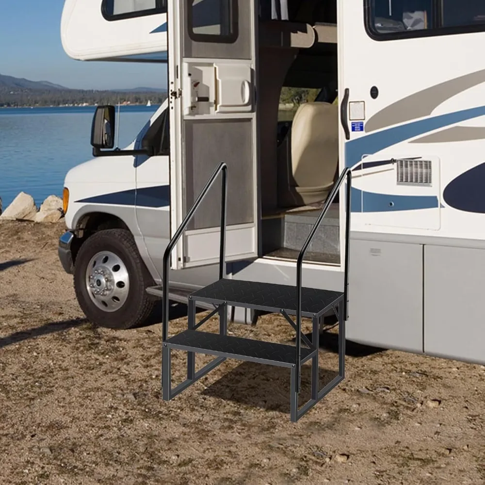 خطوات RV مع درابزين، سلالم RV بخطوتين سعة تحميل 660 رطل، سلم متدرج مع لوحة مضادة للانزلاق، سلالم منزلية متنقلة للسفر #4