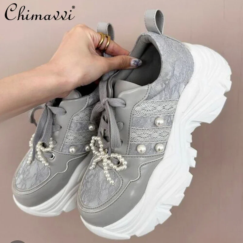 Japanese Sweet Pearl Bow Platform Sports Dad Shoes Autumn New Comfortable Girl Women Breathable Muffin Bottom Lolita Sneakers image 2