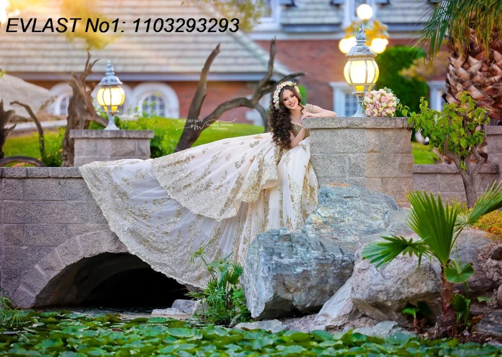 EVLAST Personalizado Brilhante Champanhe Quinceanera Vestido de Baile Ouro Lace Applique Beading Doce 16 Vestidos De 15 Anos E1QN596