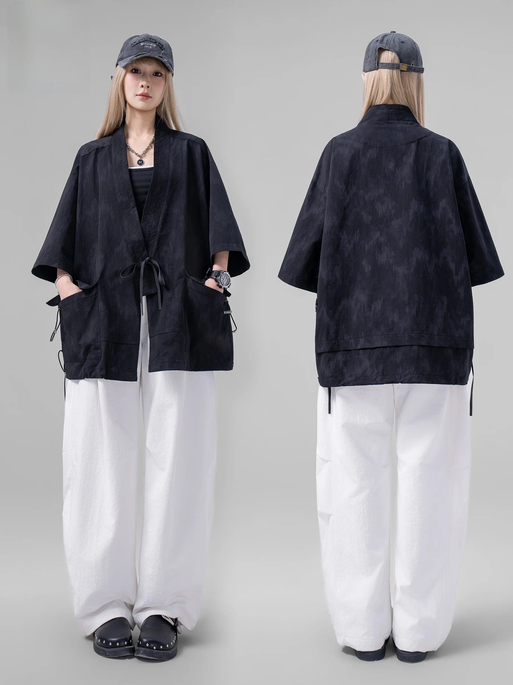 AOGZ New Chinese Style Open Cardigan Dao Pao Jacket Men Women Spring Summer New Design Belted Seven Sleeve Loose Trendy Top