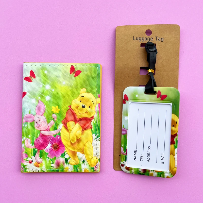 1Set Winnie Pooh Bear Passport Cover and Luggage Tags Travel Passport Holder Baggage Tag Business ID Card Holder Luggage Label