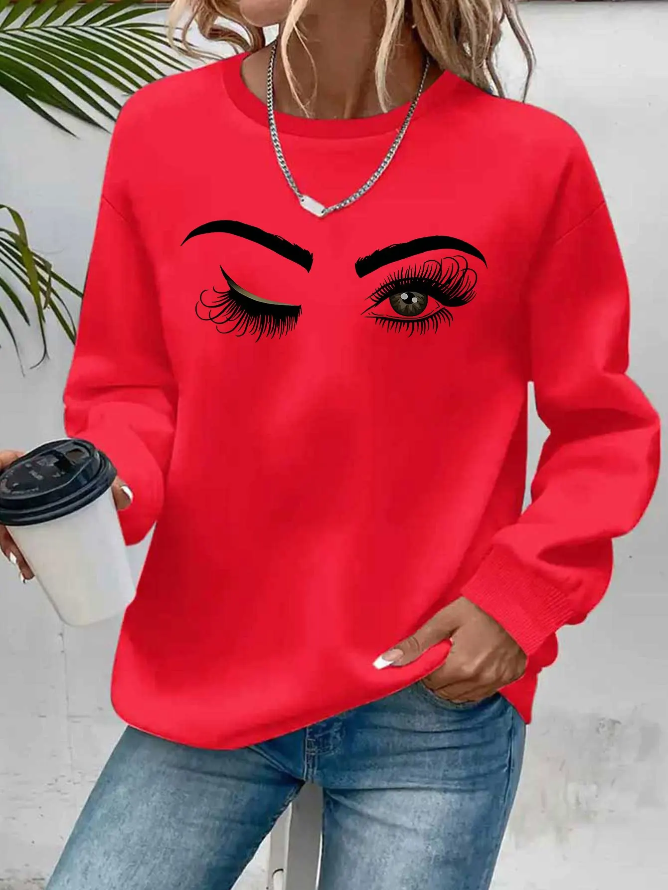 Women's Autumn and Winter Loose Casual Comfortable Heart-Shaped Printed Velvet Long-Sleeved Round Neck Hoodie Pullover