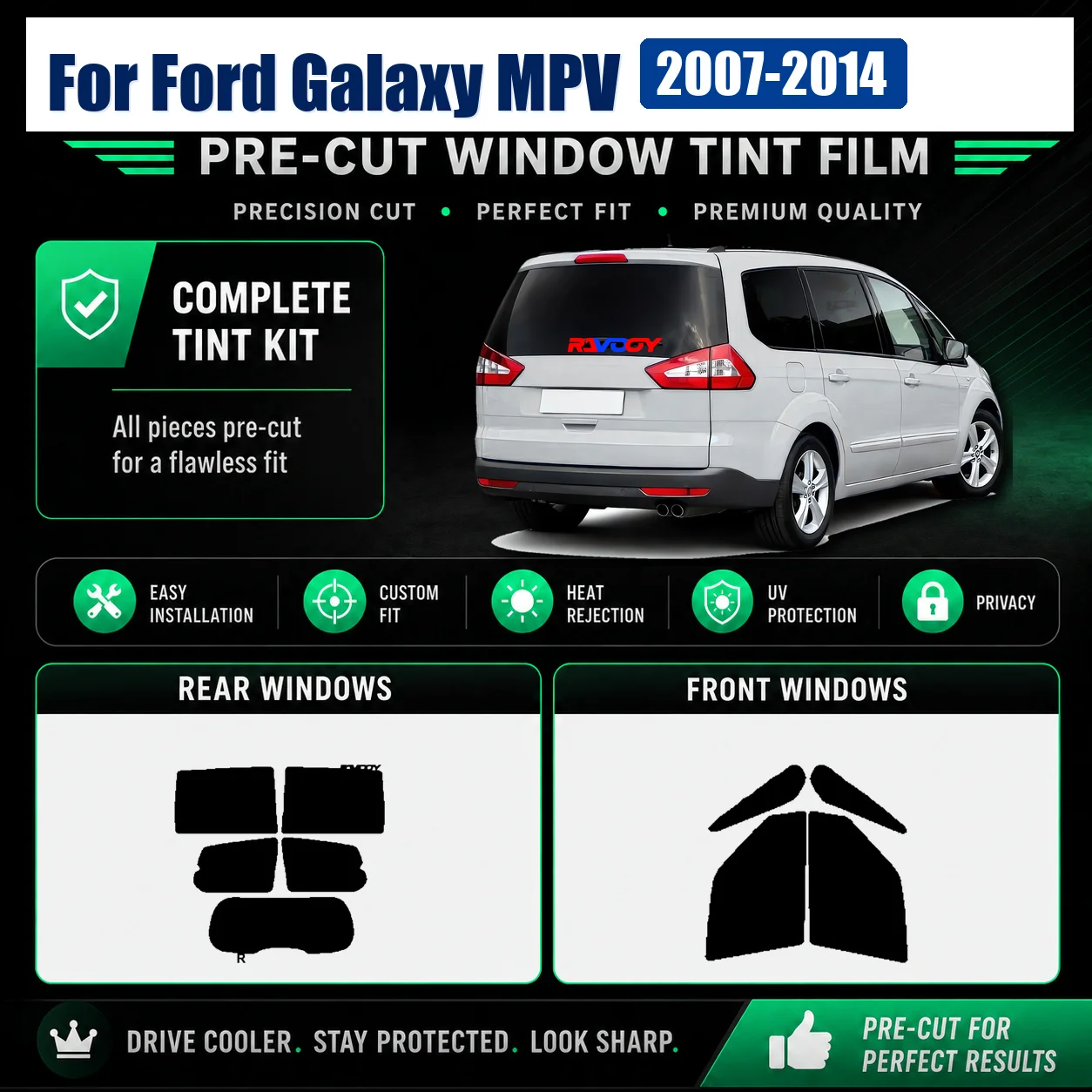 For Ford Galaxy MPV 2007-2014 Tint Film Custom Fit Front & Rear Window Precut Glass Kit