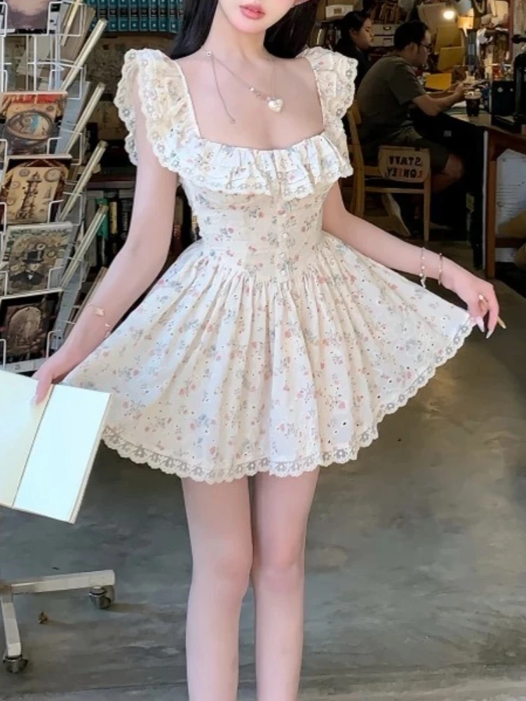 Francese Vintage Elegante Floreale Vestito Sottile Delle Donne di Estate Y2k Dolce Puro Desiderio Slash Neck Abiti Corti Harajuku Moda Nuovo 2025