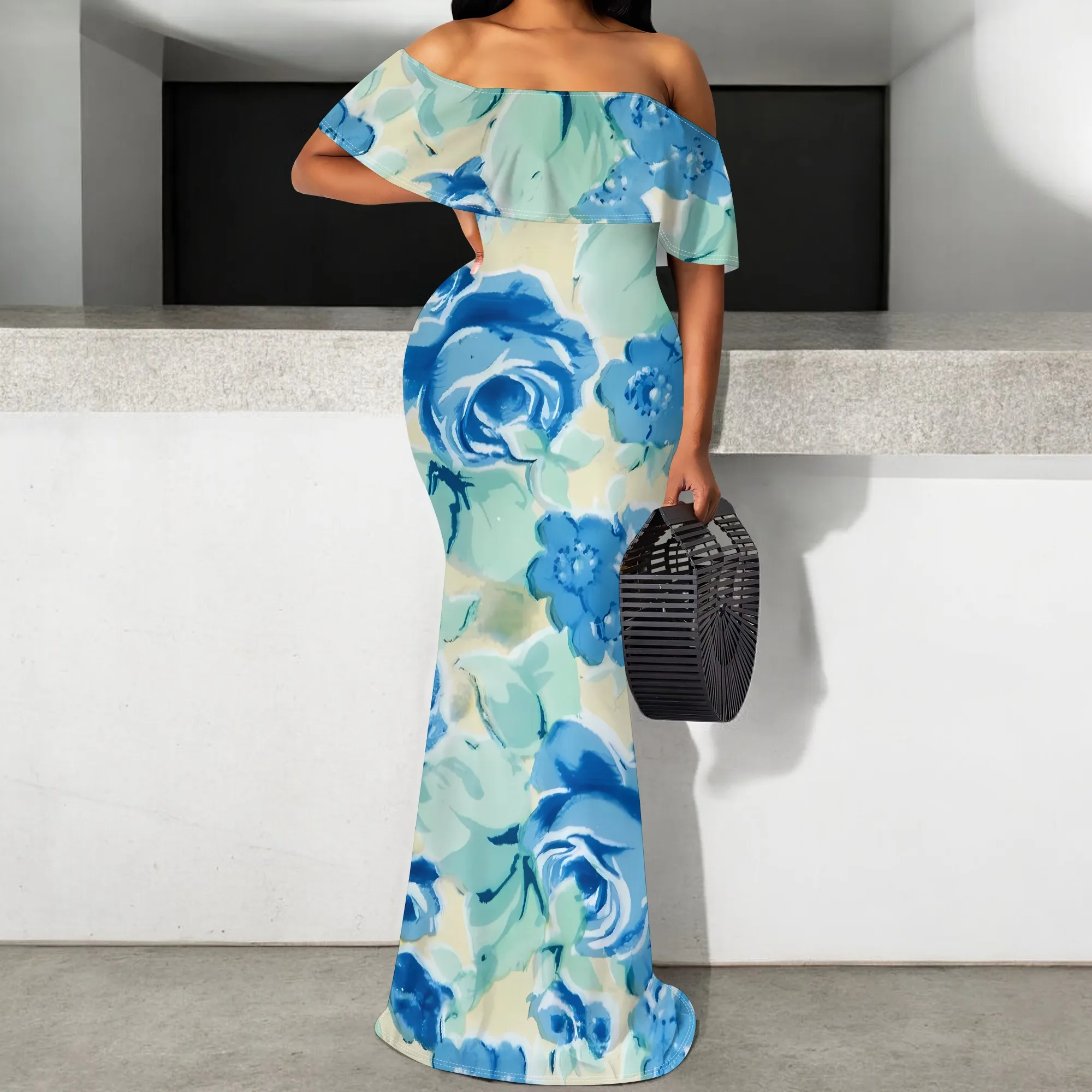 

Nupusa Blue Rose Print Dress for Women Regular Size Summer Casual Off - Shoulder Maxi Dress