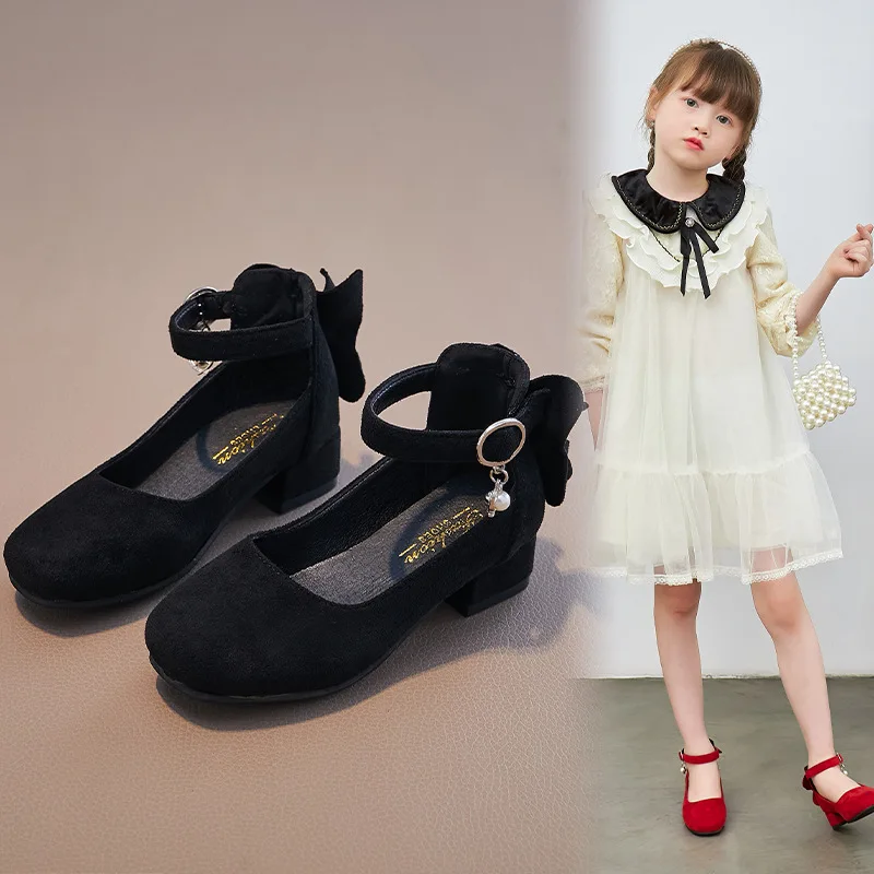 Kids High Heeled Shoes Girls Princess Shoes For Party Wedding Dance Childrens Fashion Velvet Black Pink Red Leather Shoes 3-15T