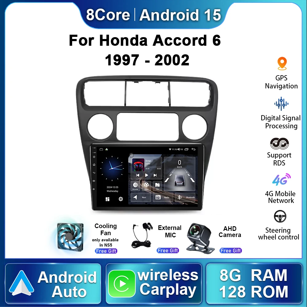 

Автомагнитола с сенсорным экраном для Honda Accord 6 1997-2002, Android 15, мультимедийный плеер, беспроводной Carplay, GPS-навигация, Wi-Fi, головное устройство