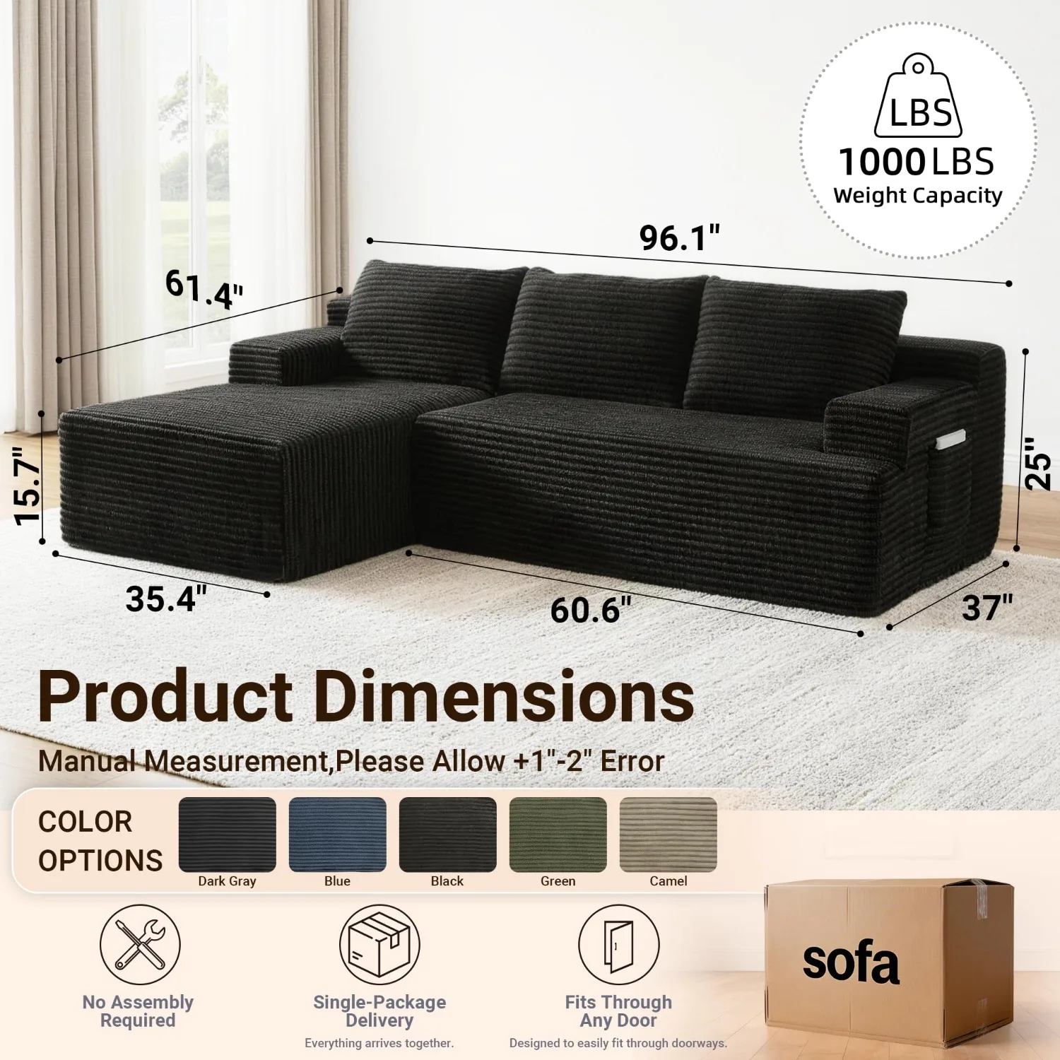 Boneless Couch, Modular Sectional Couches for Living Room, U-Shaped Cloud Couch Sofa with Deep Seat, Fluffy Corduroy