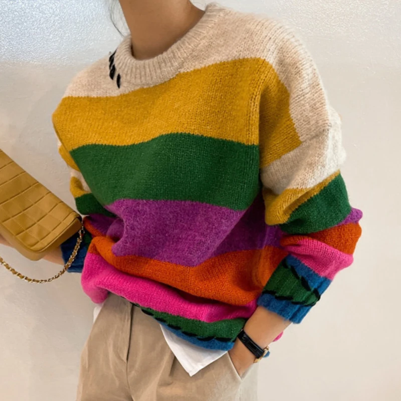 Chic Vintage Contrast Oversized Sueter Fairy Grunge Pullover O Neck Rainbow Sweaters Winter Striped Knitting Sweater Women