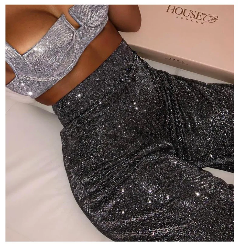 Sexy High Waisted Glitter Pants Fall Winter Outfit Women Silver Sparkly Flare Sequined Trousers Party Night Clubwear 2024