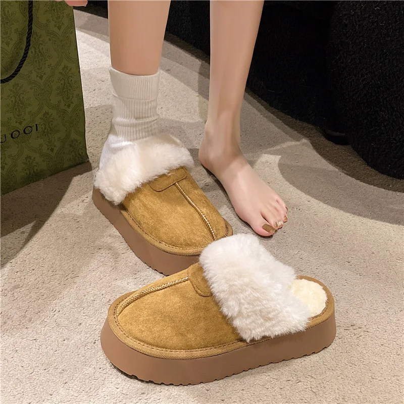 Scarpe con punta coperta Scarpe invernali da donna Pantofole con plateau Scivoli Infradito in pelliccia bassa Tacchi con zoccoli in peluche Stivali da neve Roma Tessuto PU Shearling