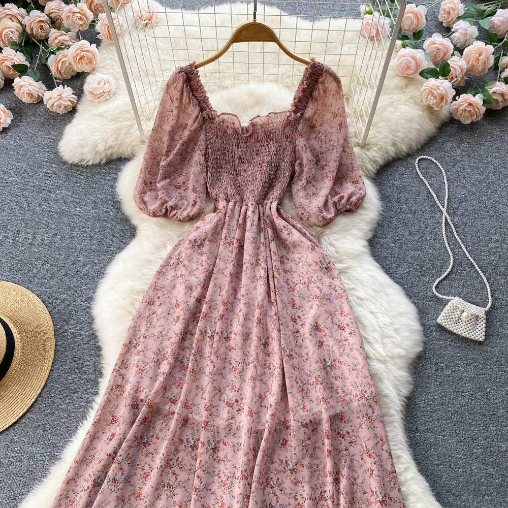 YuooMuoo Korean Fashion Floral Print Chiffon Party Dress Summer Two Layers Puff Sleeve Vacation Women Dress Beach Vestidos