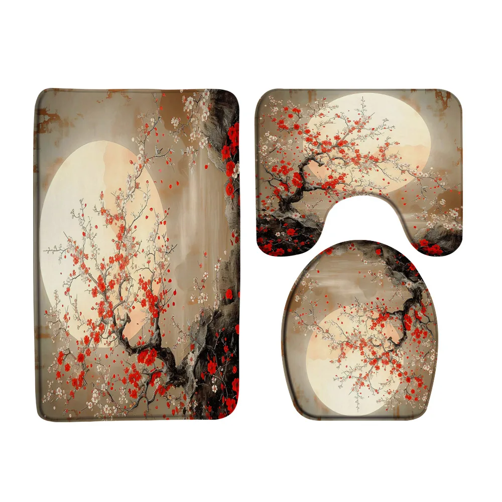 Red Floral Plum Blossom Bathroom Set Shower Curtain Non Slip Rug Bath Mat Toilet Cover Moon Garden Scenery Flower Bath Curtains