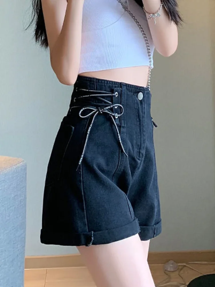 Pantalones cortos de mezclilla para mujer, moda lisa, sencilla, vendaje, ocio, cintura alta, estilo coreano, corte en A, diario, verano, diseño elegante Retro