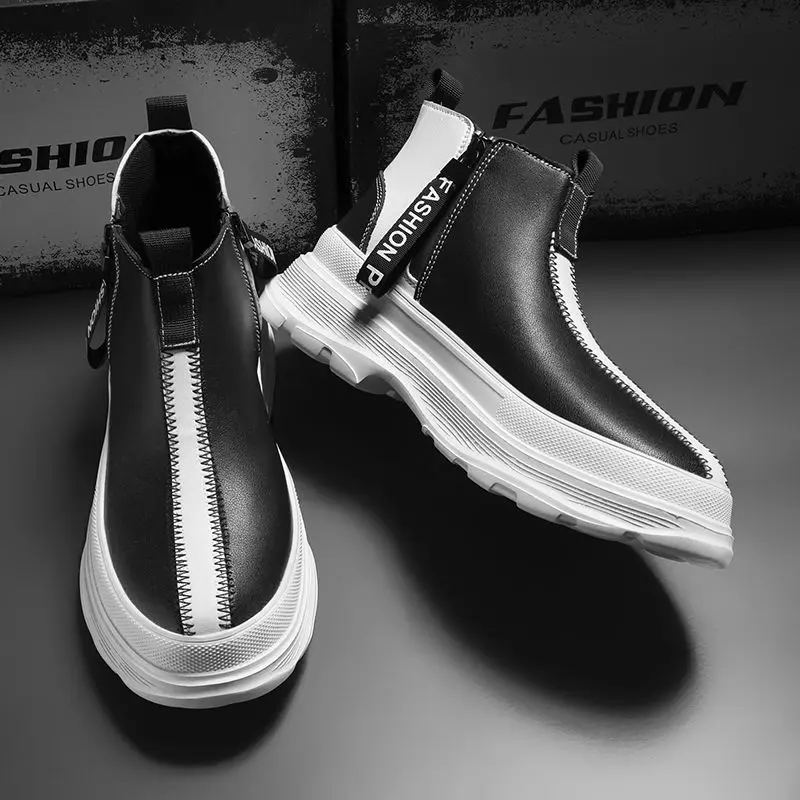 Thick Sole Leather Shoes for Men High Top Platform White Man Casual Chelsea Boots in Promotion New Elegant Pu Luxury Sale Summer