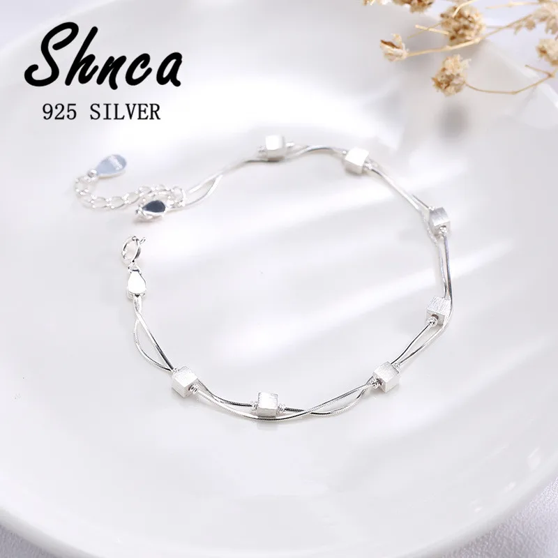 Original New Handmade 925 Sterling Silver Geometry Square Bilayer Bracelets &Bangle For Women Girl XB078