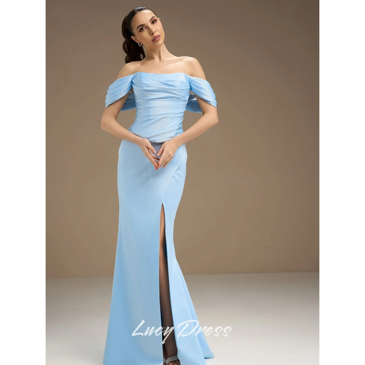 

Lucy Satin Off The Shoulder Sky Blue Straight Evening Dress 2026 Prom Dress Women Ladies Party Gala Prom Royal Customized