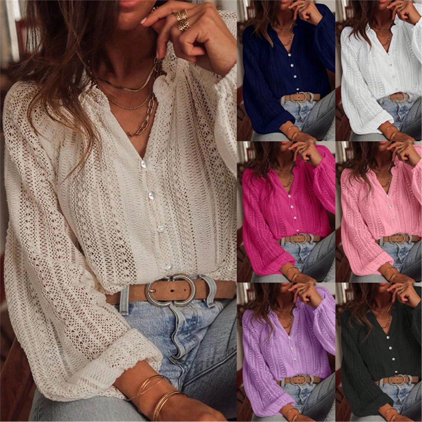 

Ele Thin Long Sve V-Ne Lace irt Women's Loose Fit Versatile irt European Sle Easy Care Regular Length Pure Color