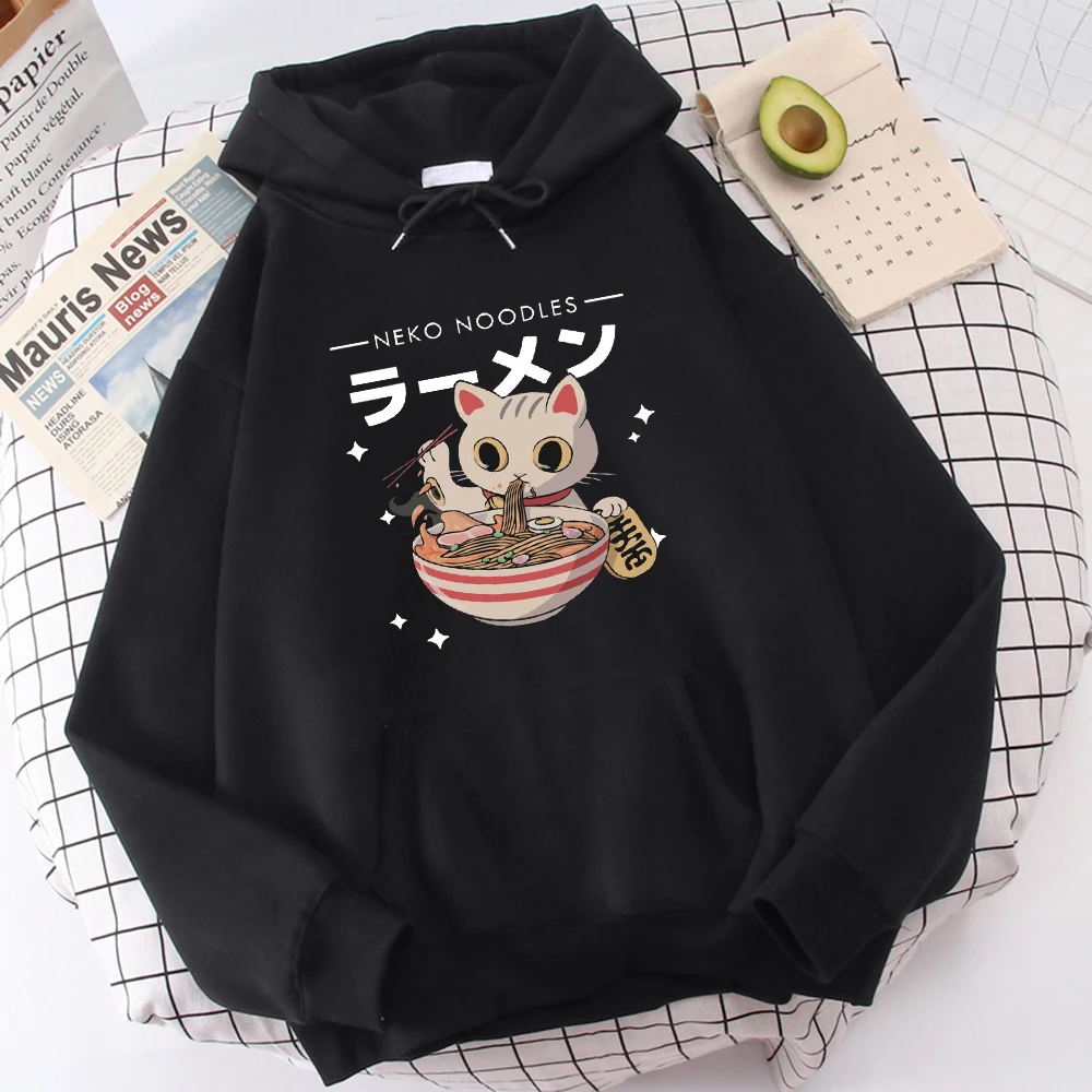 

Harajuku Cat Neko Noodles Ramen Design Женские пуловеры Универсальные уличные толстовки Хип-хоп Флисовая толстовка Осенняя модная спортивная одежда