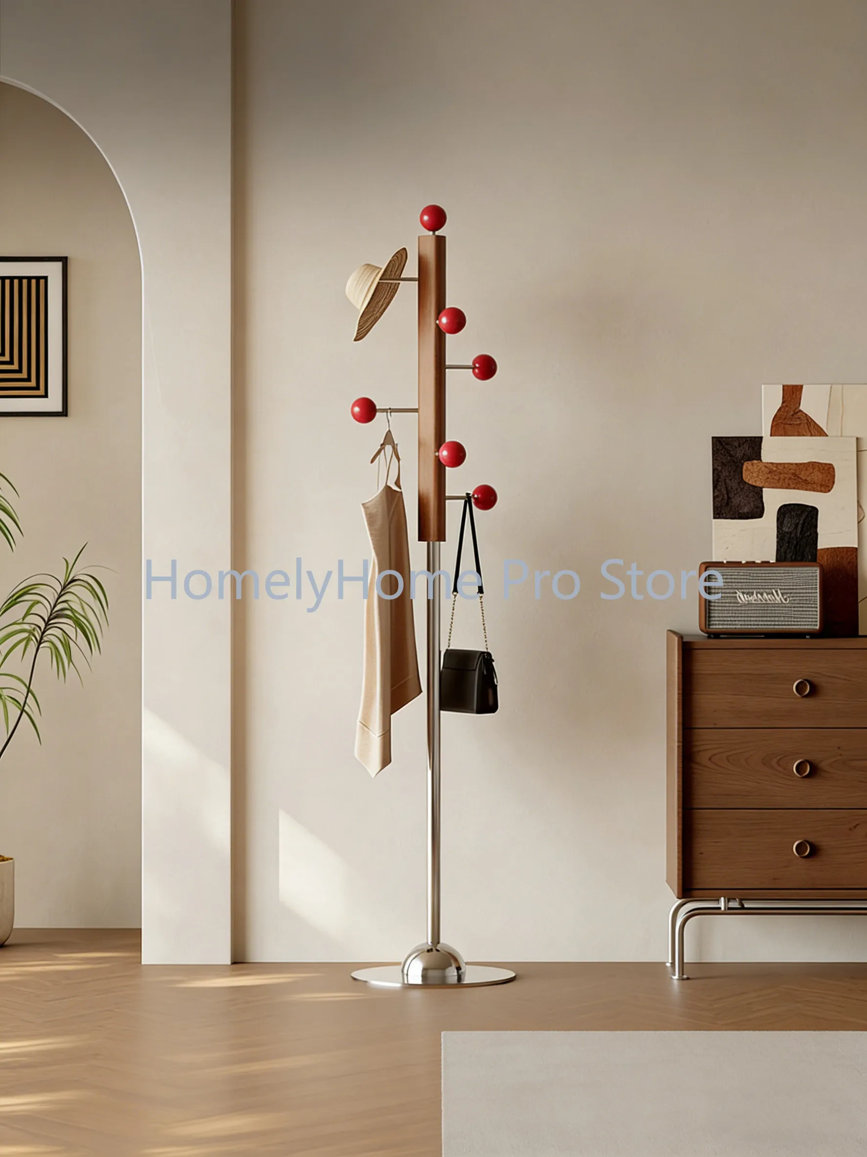 Bedroom home floor hanger vertical stainless steel integrated solid wood retro home coat rack