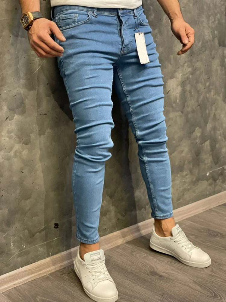 Calça jeans clássica de lavagem sólida masculina, calça elástica casual, jeans skinny azul, moda europeia e americana, alta qualidade, 2023