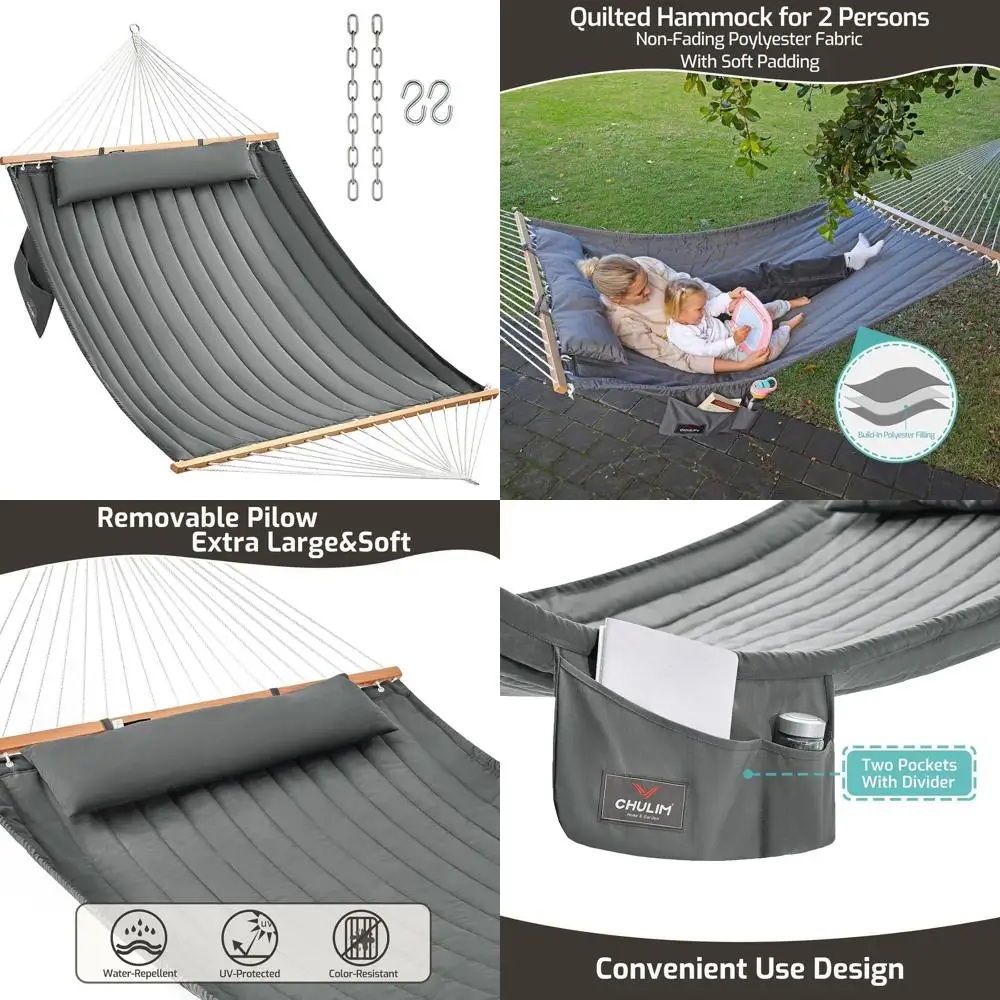 

Two-Person Outdoor Patio Hammock with Quilted Fabric, Hardwood Bars, and Pillow - 450 lbs Capacity, Dark Grey