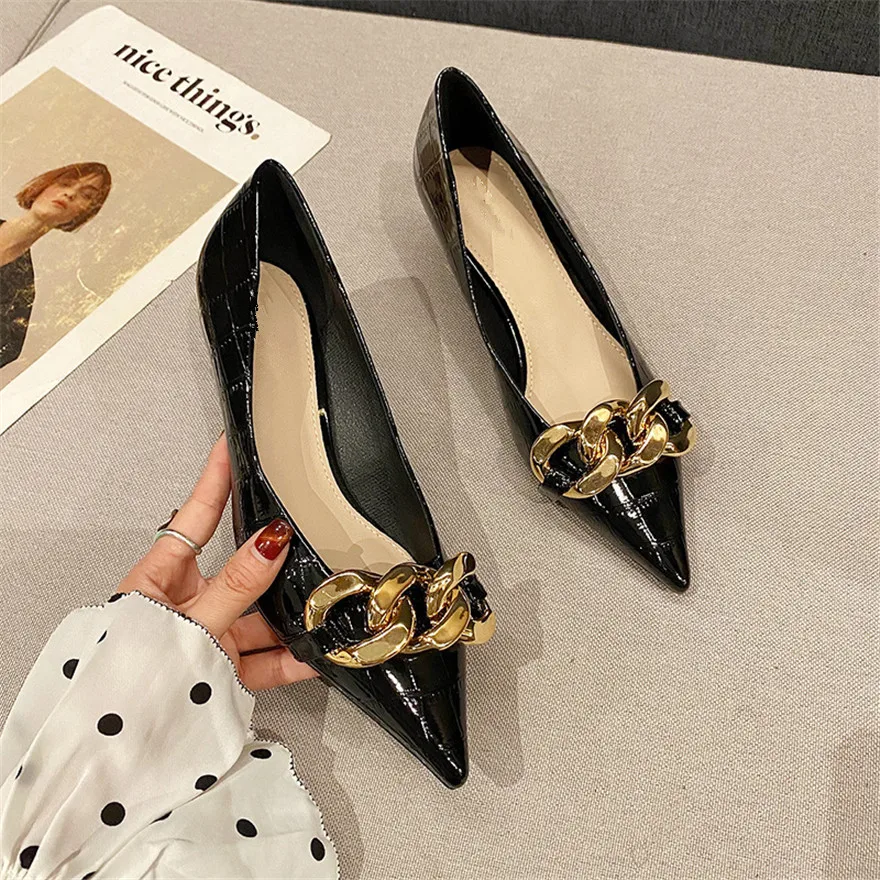 2024 Spring Casual Single Shoes Black Green Patent Leather Pointed Women Pumps Fashion Chain Shallow Office Lady Flat Heel Shoes