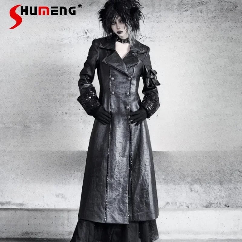 

2024 New Long Trench Coat Black Cracked Leather Blazer Lamb Wool Thickened Double-breasted Windbreaker Autumn And Winter Clothes