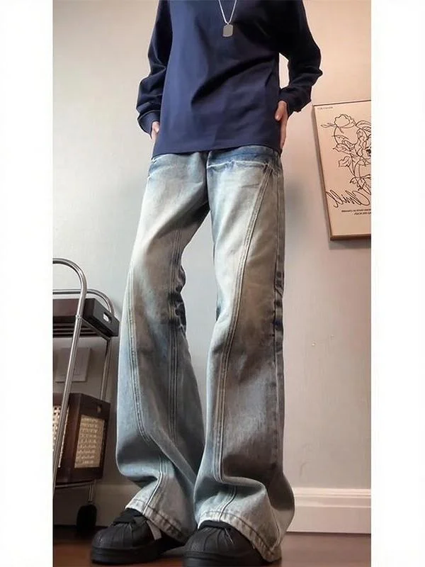 

Мужские джинсы Waed Blue Retro Lightning Pattern CleanFit Sli с прямым кроем, повседневные, со средней посадкой, на молнии, из денима