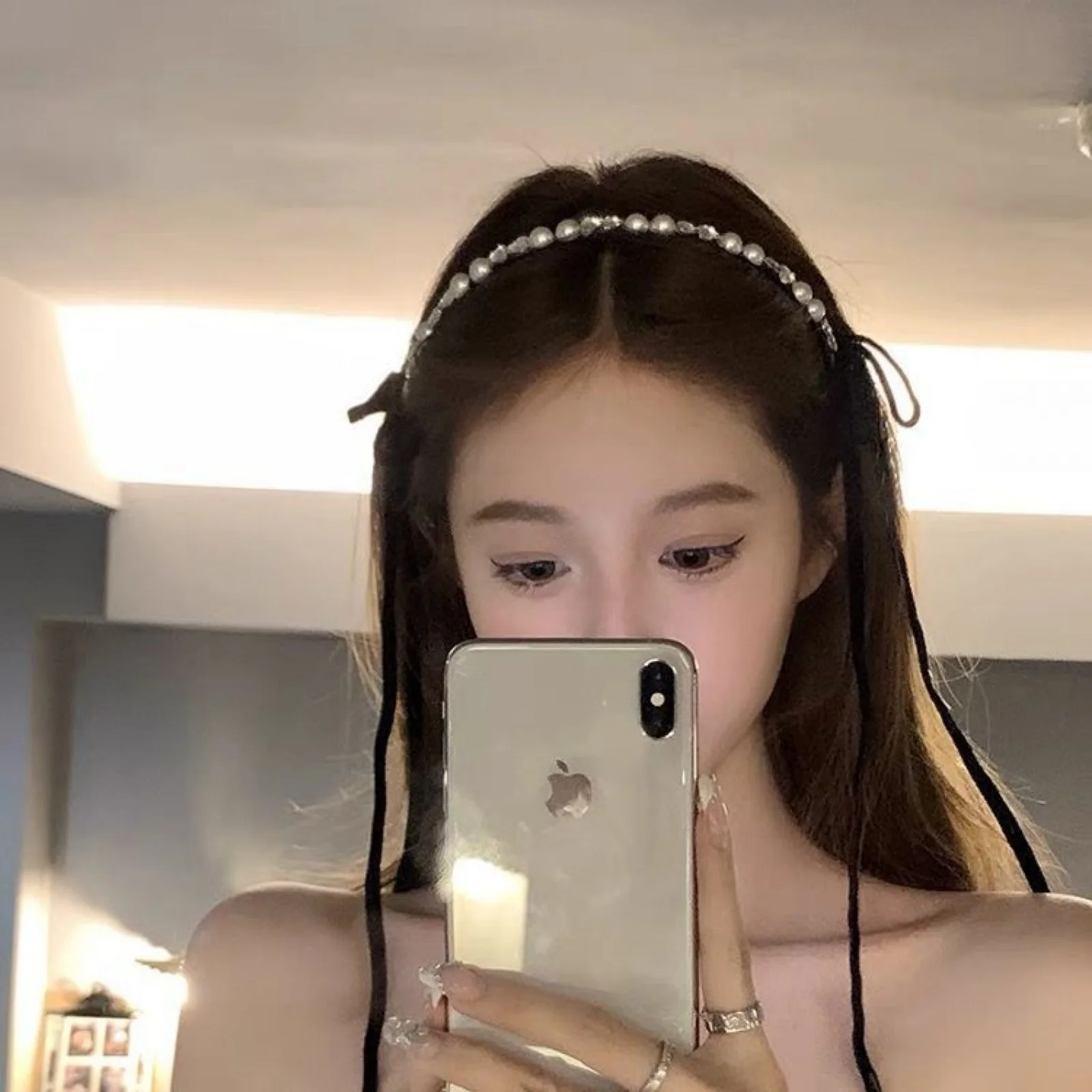 قطعة واحدة من عصابة رأس على شكل فيونكة لؤلؤية للنساء، نمط الخريف والشتاء، شريط ربط الشعر، إكسسوار للشعر من الحرير الفرنسي