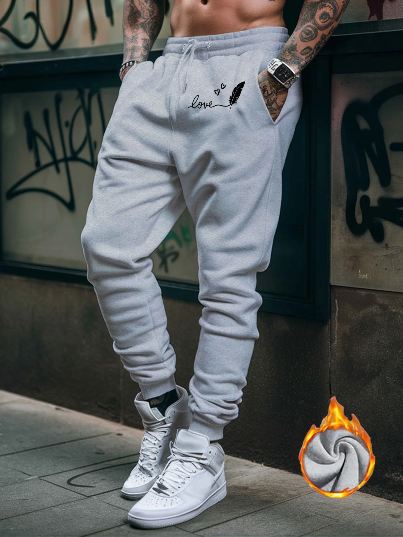 Delicate‑styled cursive love feather art graphic print relaxed sweatpants men hip hop sports casual jogger pants modern cut
