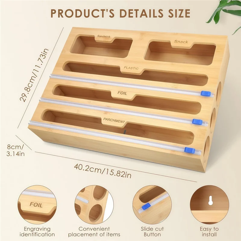 A02M-ラップオーガナイザー 5 in 1 アルミホイルディスペンサー カッターとラベル付き、キッチン収納ホルダー用