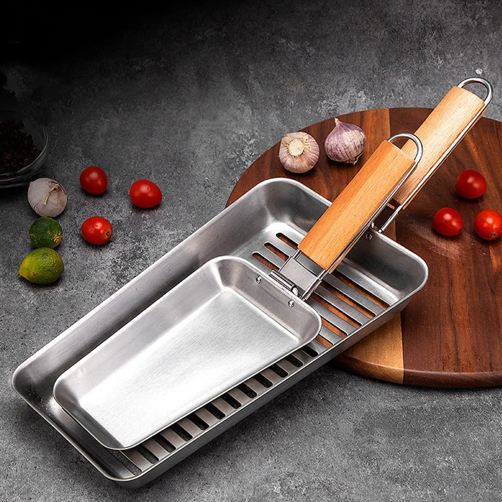 

Bbq Grilling Pan Stainless Steel Barbecue Tray Wooden Handle Practical Nonstick Bbq Accessories Outdoor Grilling Tray
