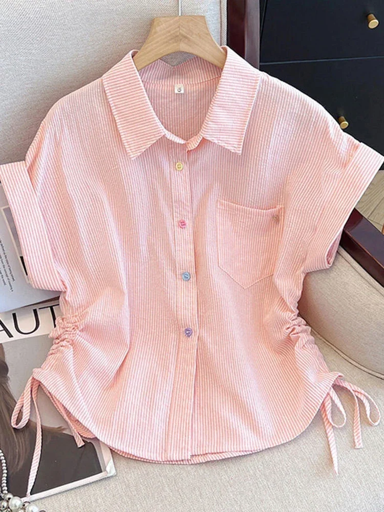Koreańska urocza koszula w paski damska luźna z krótkim rękawem vintage bluzka codzienna letnia kolorowa z guzikami marszczeniami w stylu preppy topy