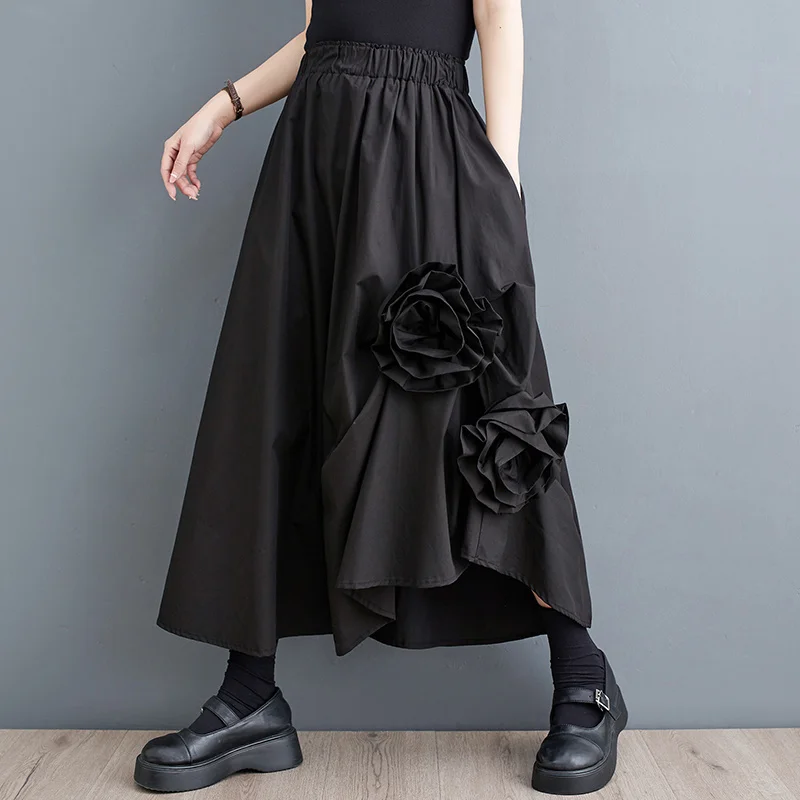 #3012 Spring Summer Black Vintage Midi Skirt Women Irregular A-line Skirts Spliced Floral Elastic High Waist Skirts Gothic Loose