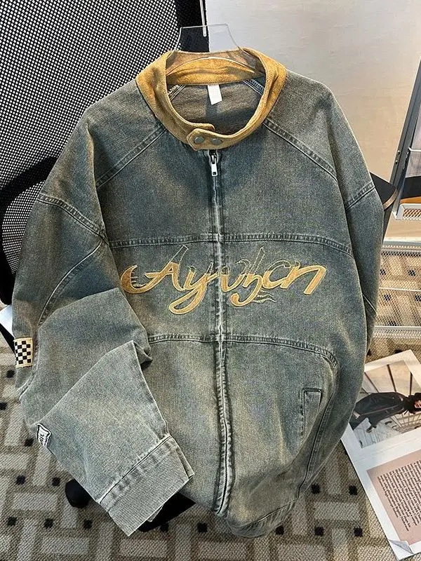 

Large Size American Retro Waed Embroidered Letter Denim Jaet Men's Spring Autumn Sle Stand Collar Jaet Youth Faion